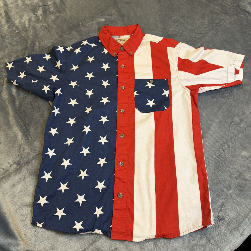 RedHead Men Sz M Americana Grand Ol Flag Button Up Shirt Patriotic USA Western